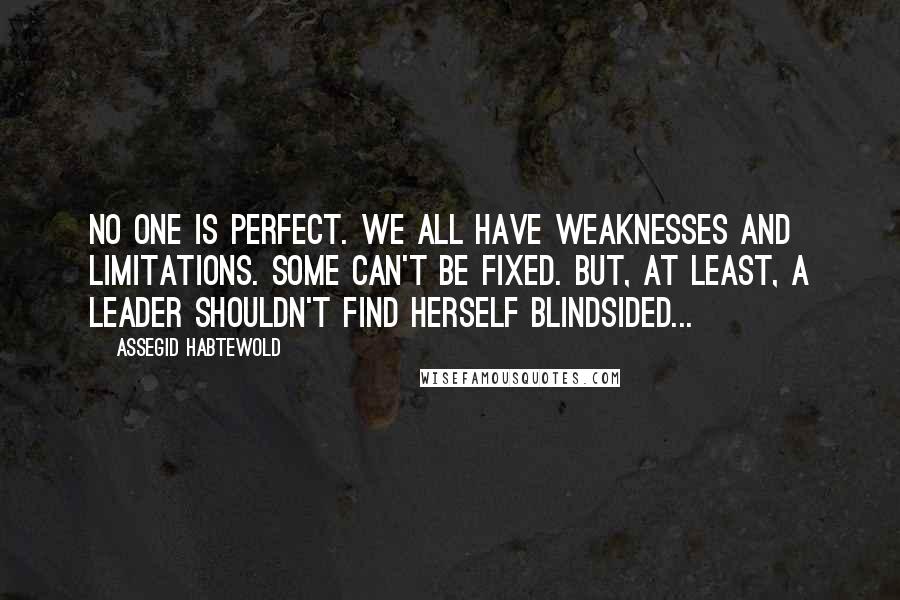 Assegid Habtewold Quotes: No one is perfect. We all have weaknesses and limitations. Some can't be fixed. But, at least, a leader shouldn't find herself blindsided...