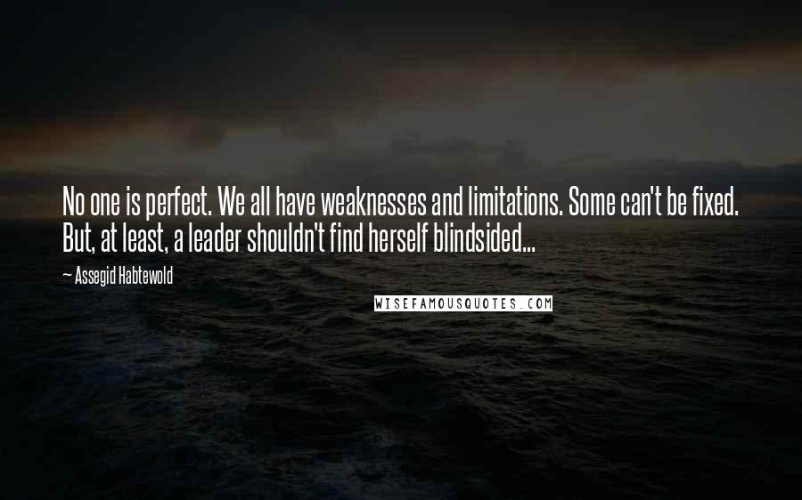 Assegid Habtewold Quotes: No one is perfect. We all have weaknesses and limitations. Some can't be fixed. But, at least, a leader shouldn't find herself blindsided...