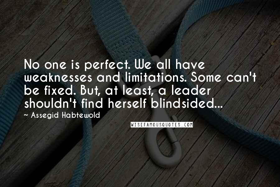 Assegid Habtewold Quotes: No one is perfect. We all have weaknesses and limitations. Some can't be fixed. But, at least, a leader shouldn't find herself blindsided...