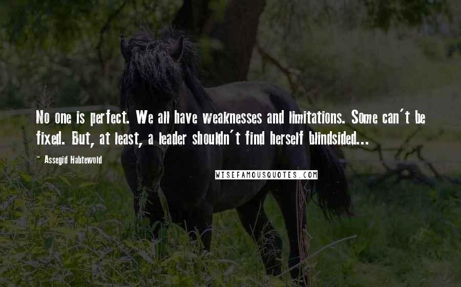 Assegid Habtewold Quotes: No one is perfect. We all have weaknesses and limitations. Some can't be fixed. But, at least, a leader shouldn't find herself blindsided...