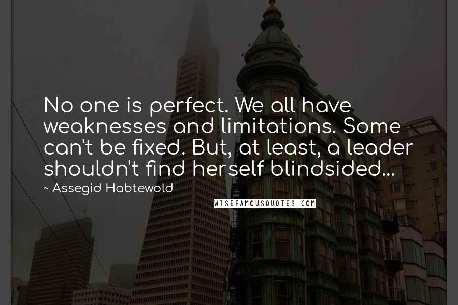 Assegid Habtewold Quotes: No one is perfect. We all have weaknesses and limitations. Some can't be fixed. But, at least, a leader shouldn't find herself blindsided...