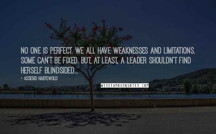 Assegid Habtewold Quotes: No one is perfect. We all have weaknesses and limitations. Some can't be fixed. But, at least, a leader shouldn't find herself blindsided...