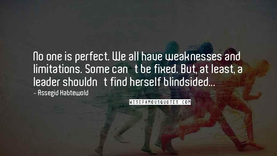 Assegid Habtewold Quotes: No one is perfect. We all have weaknesses and limitations. Some can't be fixed. But, at least, a leader shouldn't find herself blindsided...