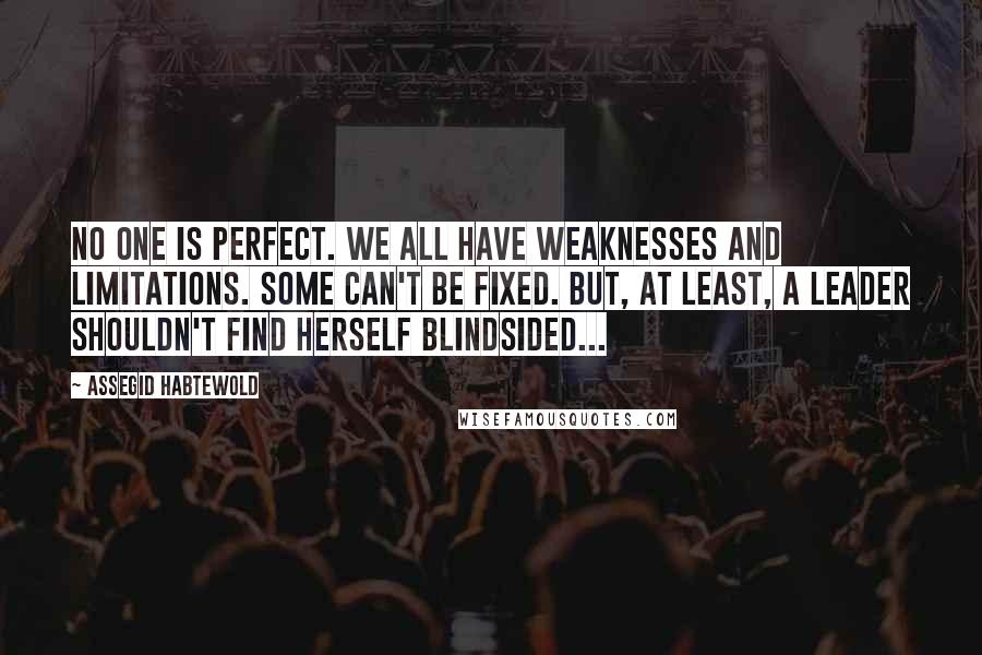 Assegid Habtewold Quotes: No one is perfect. We all have weaknesses and limitations. Some can't be fixed. But, at least, a leader shouldn't find herself blindsided...