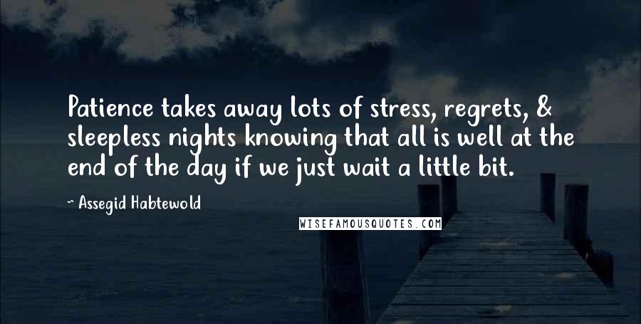 Assegid Habtewold Quotes: Patience takes away lots of stress, regrets, & sleepless nights knowing that all is well at the end of the day if we just wait a little bit.