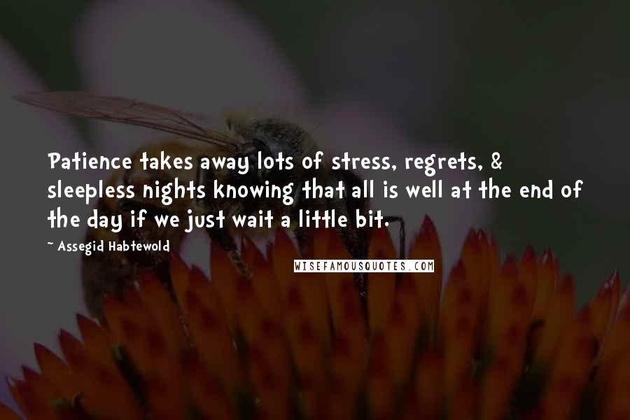Assegid Habtewold Quotes: Patience takes away lots of stress, regrets, & sleepless nights knowing that all is well at the end of the day if we just wait a little bit.
