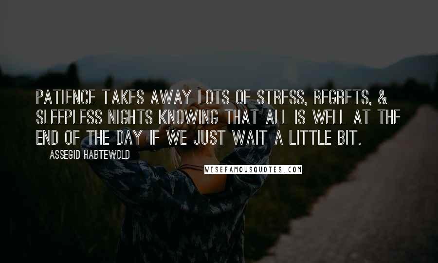 Assegid Habtewold Quotes: Patience takes away lots of stress, regrets, & sleepless nights knowing that all is well at the end of the day if we just wait a little bit.