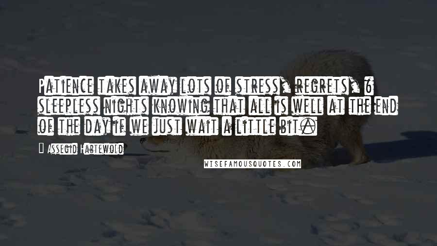 Assegid Habtewold Quotes: Patience takes away lots of stress, regrets, & sleepless nights knowing that all is well at the end of the day if we just wait a little bit.