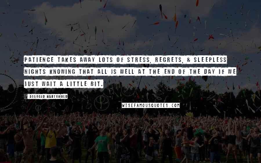 Assegid Habtewold Quotes: Patience takes away lots of stress, regrets, & sleepless nights knowing that all is well at the end of the day if we just wait a little bit.