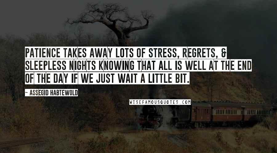 Assegid Habtewold Quotes: Patience takes away lots of stress, regrets, & sleepless nights knowing that all is well at the end of the day if we just wait a little bit.