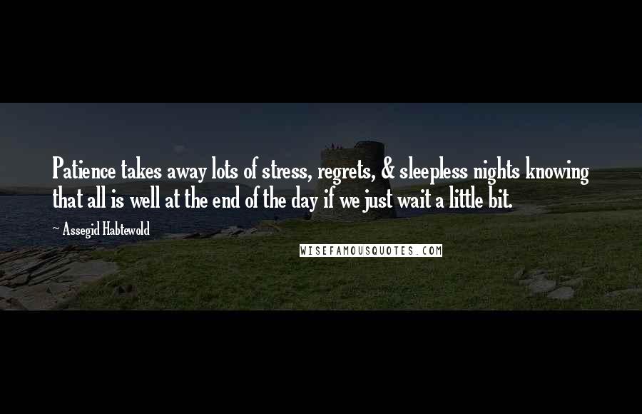 Assegid Habtewold Quotes: Patience takes away lots of stress, regrets, & sleepless nights knowing that all is well at the end of the day if we just wait a little bit.