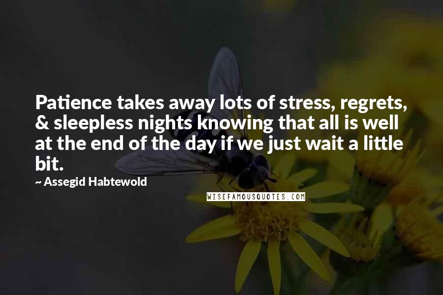 Assegid Habtewold Quotes: Patience takes away lots of stress, regrets, & sleepless nights knowing that all is well at the end of the day if we just wait a little bit.