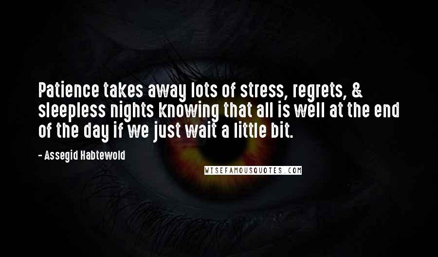 Assegid Habtewold Quotes: Patience takes away lots of stress, regrets, & sleepless nights knowing that all is well at the end of the day if we just wait a little bit.