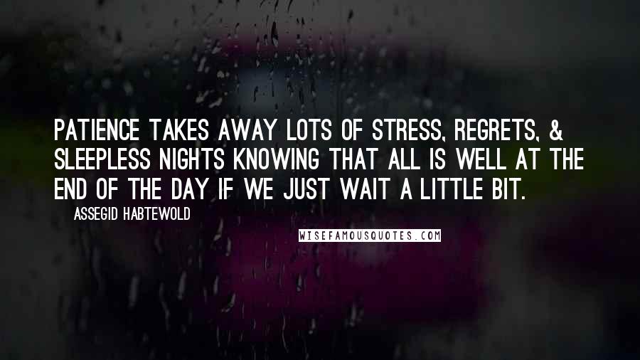 Assegid Habtewold Quotes: Patience takes away lots of stress, regrets, & sleepless nights knowing that all is well at the end of the day if we just wait a little bit.