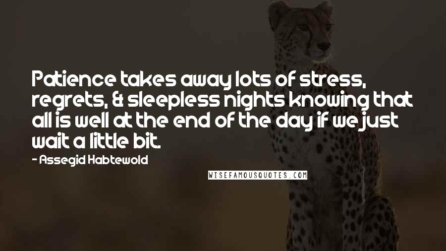 Assegid Habtewold Quotes: Patience takes away lots of stress, regrets, & sleepless nights knowing that all is well at the end of the day if we just wait a little bit.
