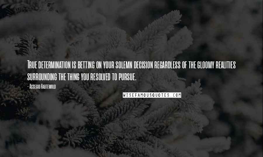 Assegid Habtewold Quotes: True determination is betting on your solemn decision regardless of the gloomy realities surrounding the thing you resolved to pursue.