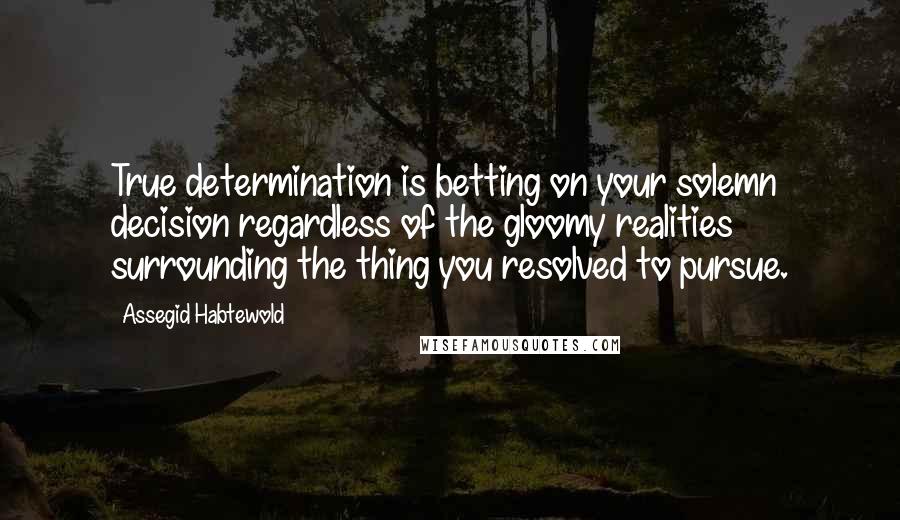 Assegid Habtewold Quotes: True determination is betting on your solemn decision regardless of the gloomy realities surrounding the thing you resolved to pursue.