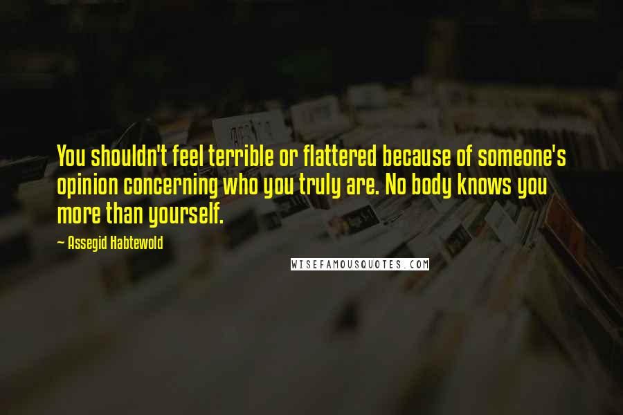 Assegid Habtewold Quotes: You shouldn't feel terrible or flattered because of someone's opinion concerning who you truly are. No body knows you more than yourself.