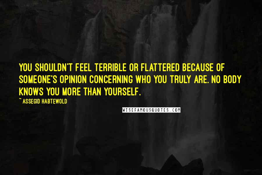 Assegid Habtewold Quotes: You shouldn't feel terrible or flattered because of someone's opinion concerning who you truly are. No body knows you more than yourself.