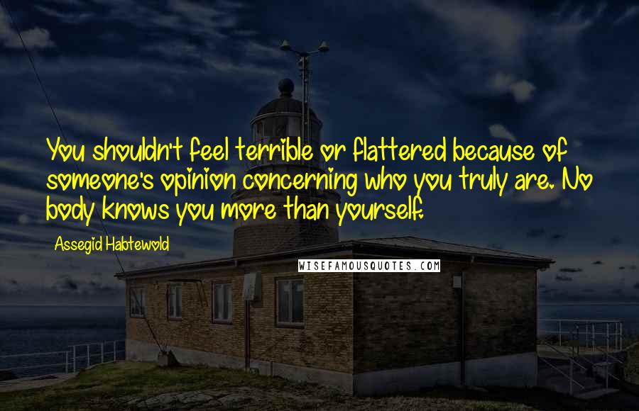 Assegid Habtewold Quotes: You shouldn't feel terrible or flattered because of someone's opinion concerning who you truly are. No body knows you more than yourself.