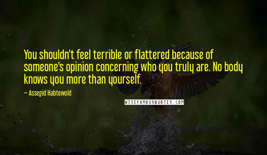 Assegid Habtewold Quotes: You shouldn't feel terrible or flattered because of someone's opinion concerning who you truly are. No body knows you more than yourself.