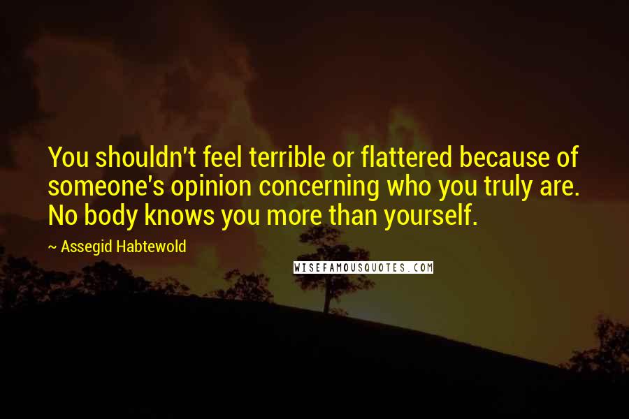 Assegid Habtewold Quotes: You shouldn't feel terrible or flattered because of someone's opinion concerning who you truly are. No body knows you more than yourself.