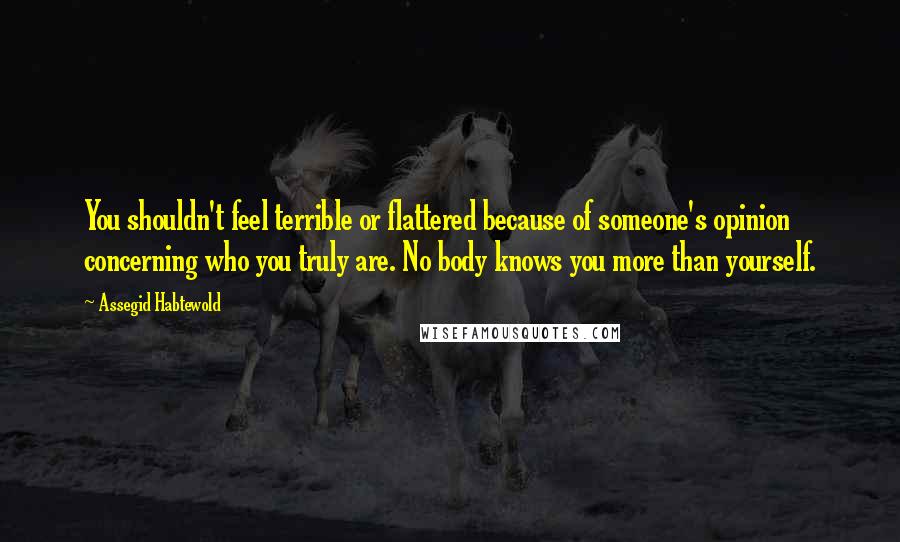 Assegid Habtewold Quotes: You shouldn't feel terrible or flattered because of someone's opinion concerning who you truly are. No body knows you more than yourself.