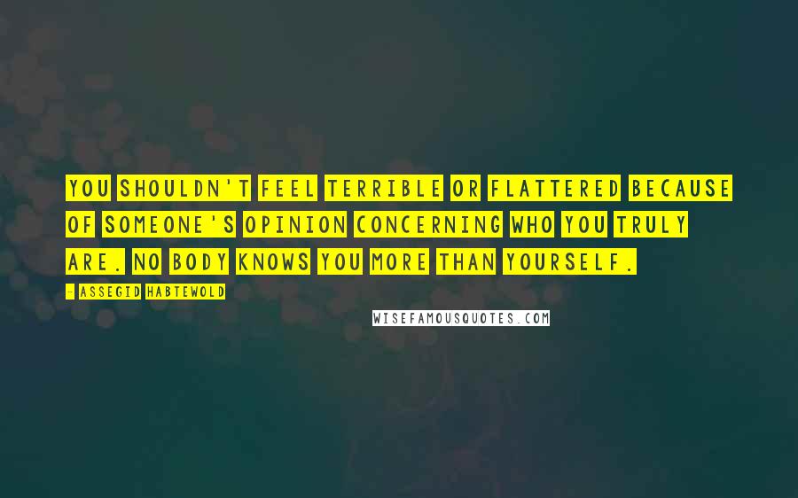 Assegid Habtewold Quotes: You shouldn't feel terrible or flattered because of someone's opinion concerning who you truly are. No body knows you more than yourself.