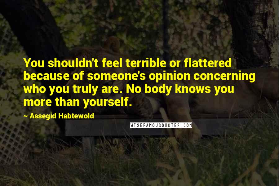 Assegid Habtewold Quotes: You shouldn't feel terrible or flattered because of someone's opinion concerning who you truly are. No body knows you more than yourself.