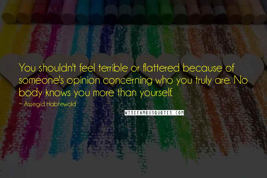 Assegid Habtewold Quotes: You shouldn't feel terrible or flattered because of someone's opinion concerning who you truly are. No body knows you more than yourself.