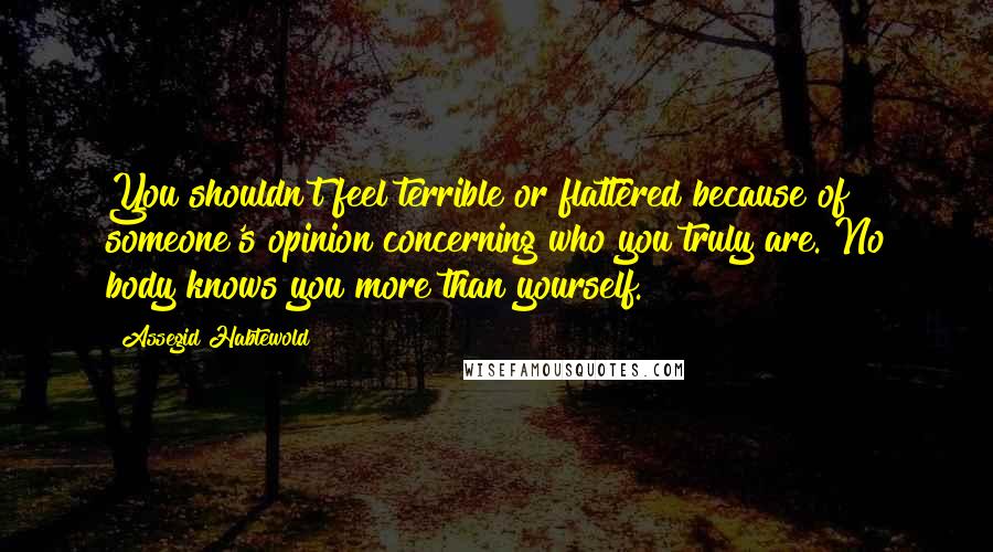 Assegid Habtewold Quotes: You shouldn't feel terrible or flattered because of someone's opinion concerning who you truly are. No body knows you more than yourself.