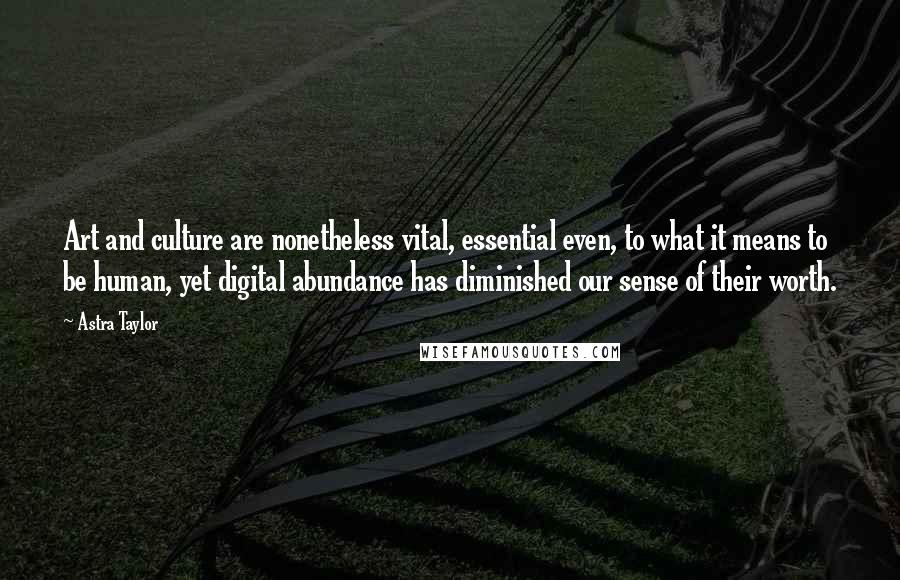 Astra Taylor Quotes: Art and culture are nonetheless vital, essential even, to what it means to be human, yet digital abundance has diminished our sense of their worth.