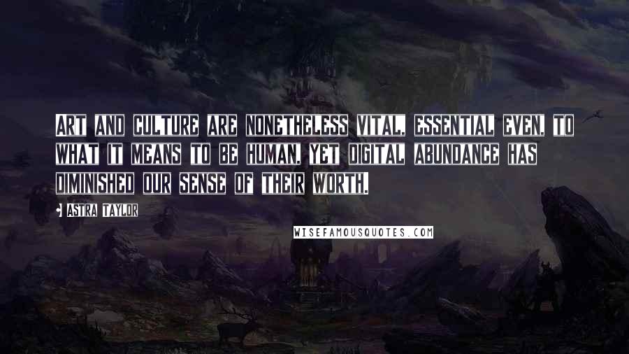 Astra Taylor Quotes: Art and culture are nonetheless vital, essential even, to what it means to be human, yet digital abundance has diminished our sense of their worth.