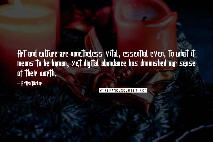 Astra Taylor Quotes: Art and culture are nonetheless vital, essential even, to what it means to be human, yet digital abundance has diminished our sense of their worth.