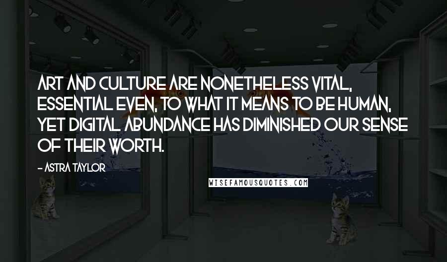 Astra Taylor Quotes: Art and culture are nonetheless vital, essential even, to what it means to be human, yet digital abundance has diminished our sense of their worth.