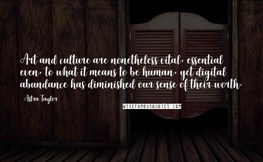 Astra Taylor Quotes: Art and culture are nonetheless vital, essential even, to what it means to be human, yet digital abundance has diminished our sense of their worth.