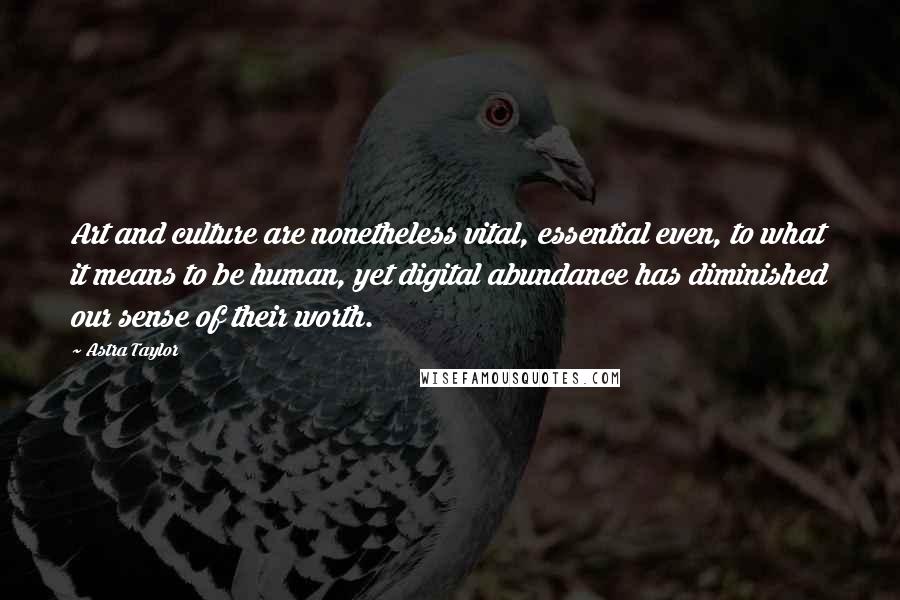 Astra Taylor Quotes: Art and culture are nonetheless vital, essential even, to what it means to be human, yet digital abundance has diminished our sense of their worth.