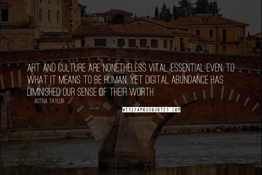 Astra Taylor Quotes: Art and culture are nonetheless vital, essential even, to what it means to be human, yet digital abundance has diminished our sense of their worth.