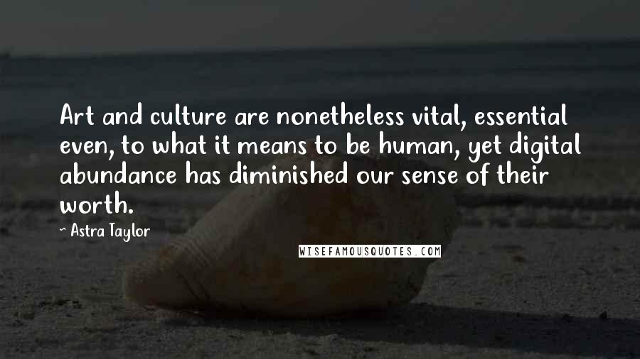 Astra Taylor Quotes: Art and culture are nonetheless vital, essential even, to what it means to be human, yet digital abundance has diminished our sense of their worth.