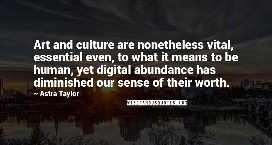 Astra Taylor Quotes: Art and culture are nonetheless vital, essential even, to what it means to be human, yet digital abundance has diminished our sense of their worth.