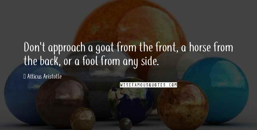 Atticus Aristotle Quotes: Don't approach a goat from the front, a horse from the back, or a fool from any side.