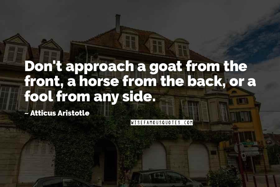 Atticus Aristotle Quotes: Don't approach a goat from the front, a horse from the back, or a fool from any side.