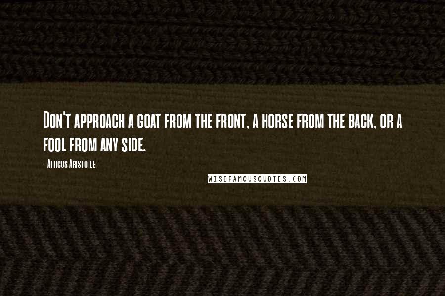 Atticus Aristotle Quotes: Don't approach a goat from the front, a horse from the back, or a fool from any side.