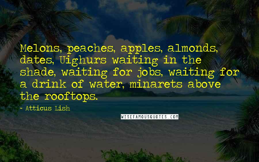 Atticus Lish Quotes: Melons, peaches, apples, almonds, dates, Uighurs waiting in the shade, waiting for jobs, waiting for a drink of water, minarets above the rooftops.