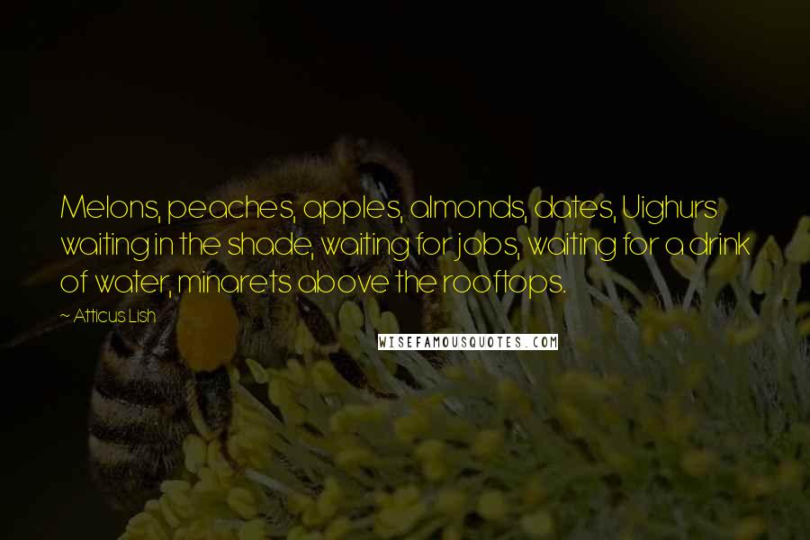 Atticus Lish Quotes: Melons, peaches, apples, almonds, dates, Uighurs waiting in the shade, waiting for jobs, waiting for a drink of water, minarets above the rooftops.