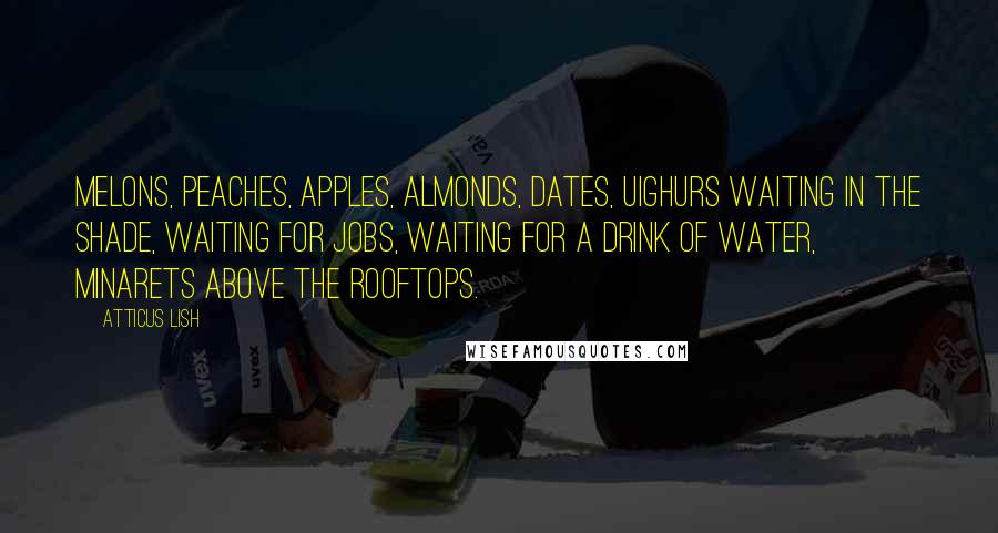 Atticus Lish Quotes: Melons, peaches, apples, almonds, dates, Uighurs waiting in the shade, waiting for jobs, waiting for a drink of water, minarets above the rooftops.