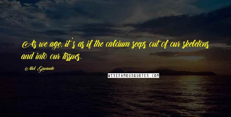 Atul Gawande Quotes: As we age, it's as if the calcium seeps out of our skeletons and into our tissues.