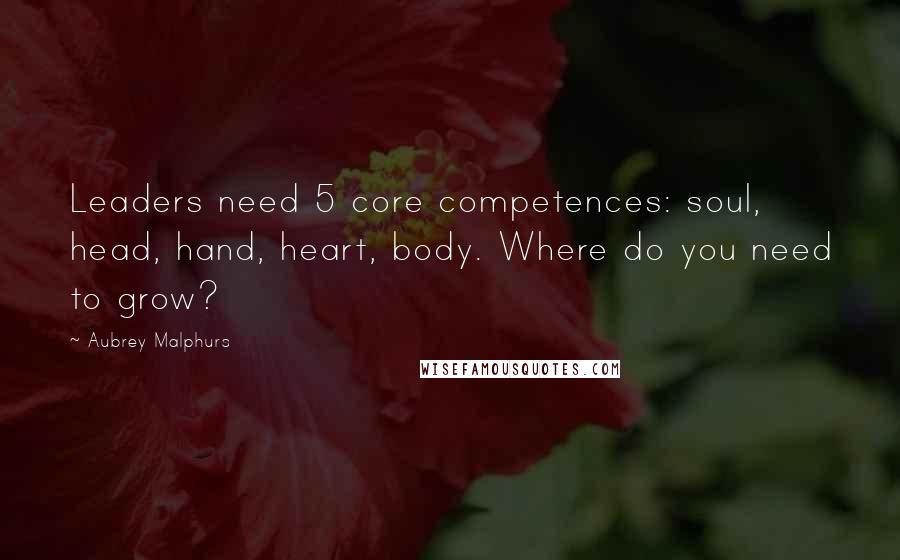 Aubrey Malphurs Quotes: Leaders need 5 core competences: soul, head, hand, heart, body. Where do you need to grow?