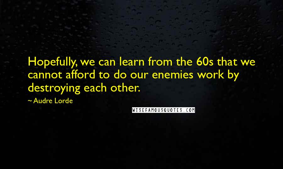 Audre Lorde Quotes: Hopefully, we can learn from the 60s that we cannot afford to do our enemies work by destroying each other.
