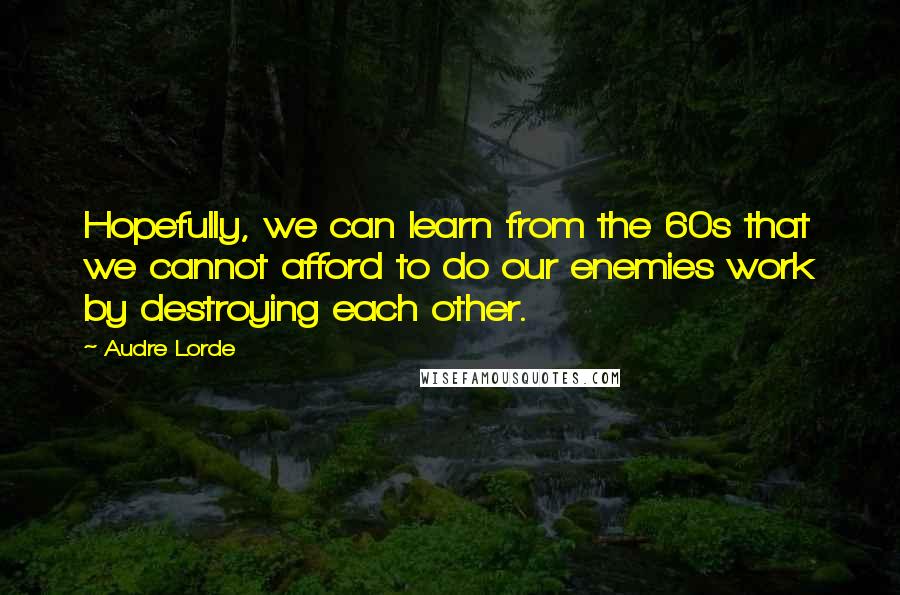 Audre Lorde Quotes: Hopefully, we can learn from the 60s that we cannot afford to do our enemies work by destroying each other.